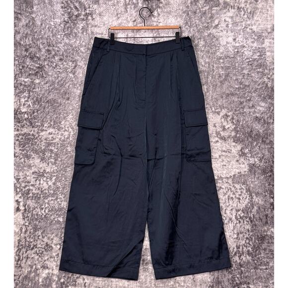 Tibi Pants 12 Womens Stella Navy Blue Satin Wide Leg Crop Cargo Trouser - Picture 1 of 7